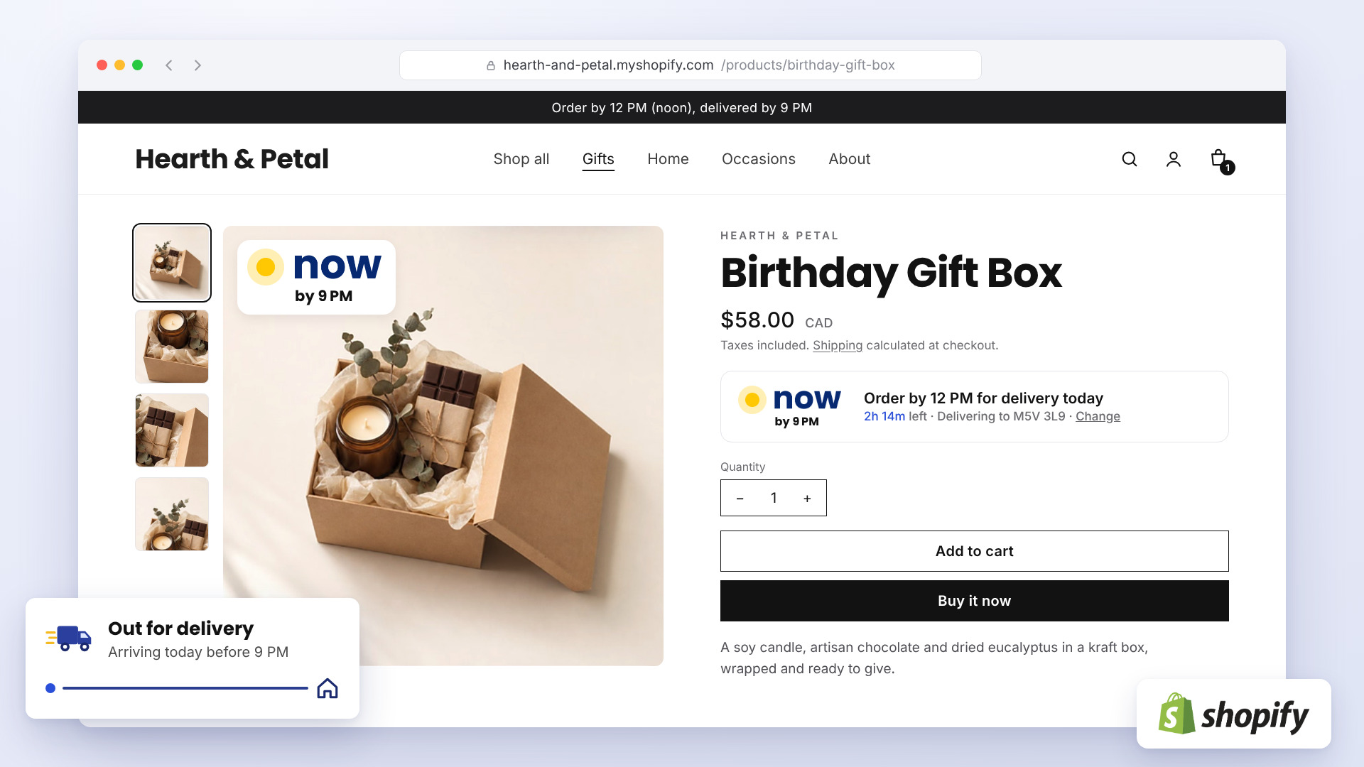 A Shopify product page with the NOW badge, an order-by-noon delivery promise and the Shopify logo